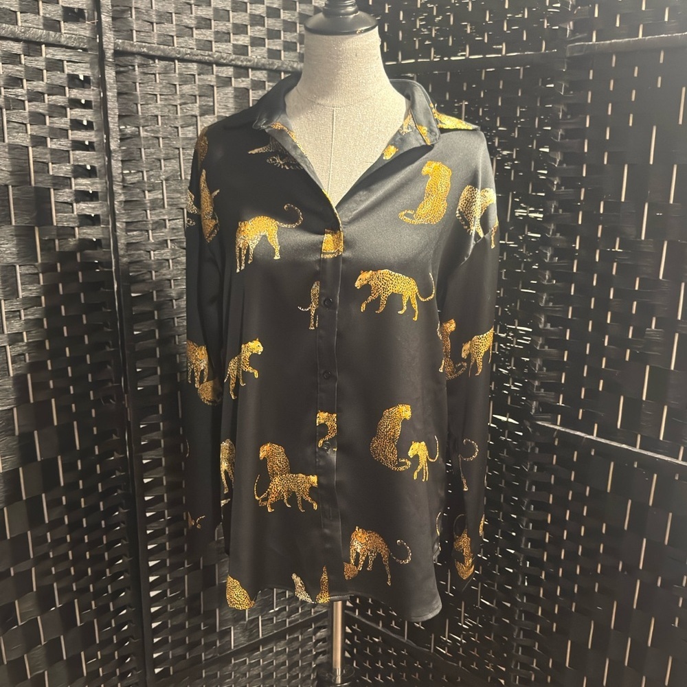 Mazik Black satin Top with leoard Accents worn once